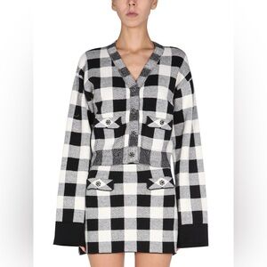 Self-Portrait Monochrome Check Wool And Cotton Knit Cardigan